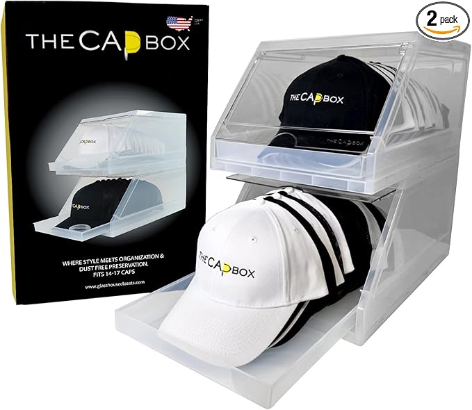 The CapBox 2.0 2 Pack Clear Hat Organizer for Baseball Caps Stackab Glasshouse Closets